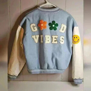 BaeVely Girls Club Good Vibes Bomber Jacket Blue White Juniors Large
